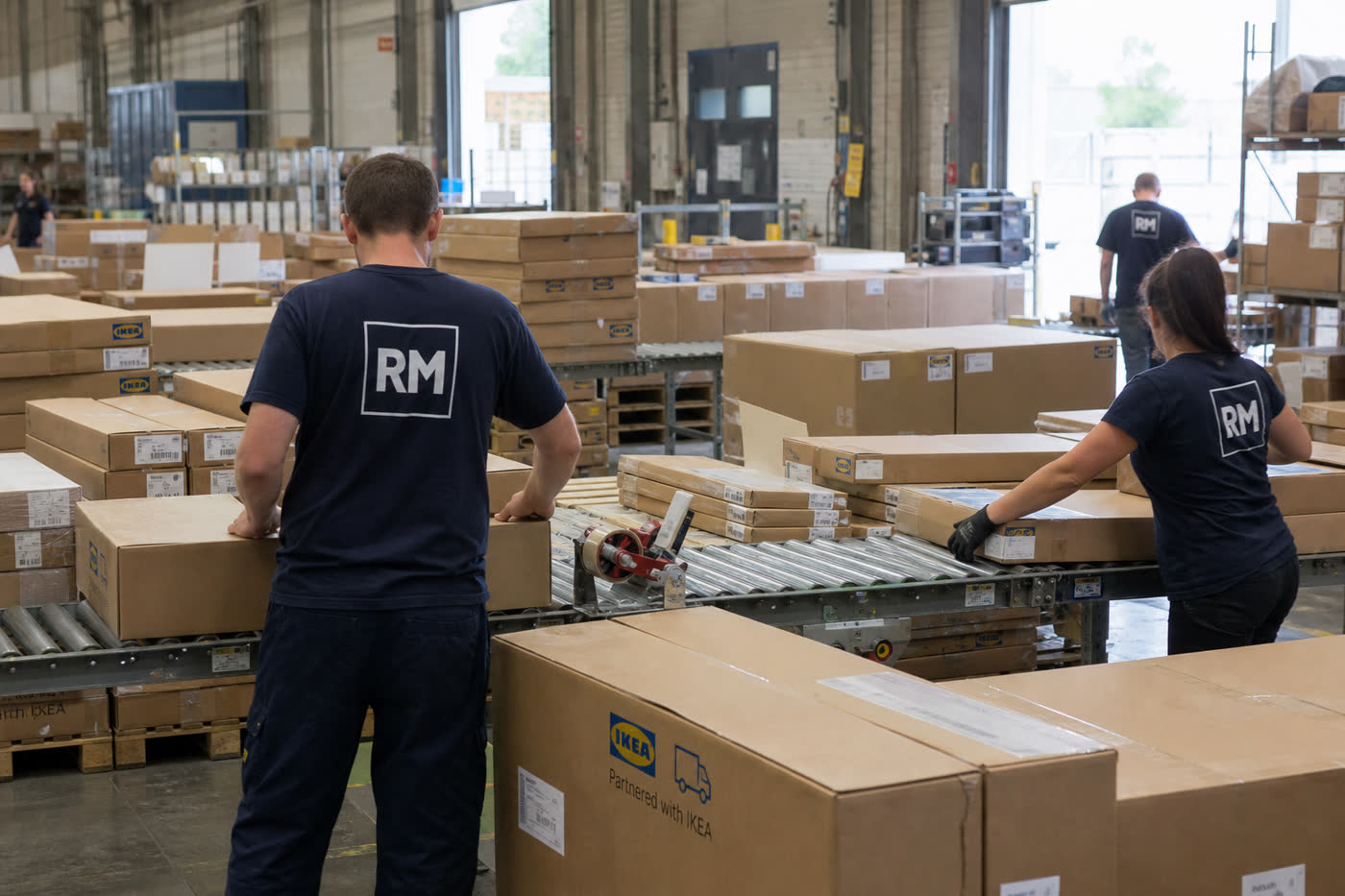 Équipe RM en t-shirt au triage de colis dans un entrepôt